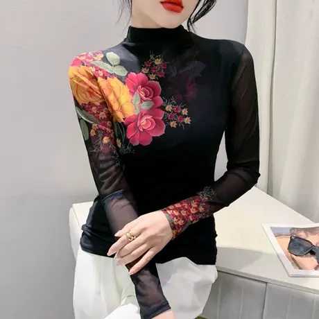 半高领打底衫女长袖2023秋季新款复古漂亮印花上衣修身网纱T恤ins商品大图