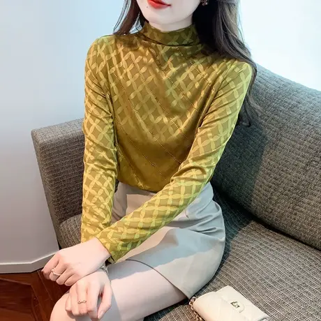 漂亮格子长袖t恤女2023秋冬新款加绒加厚半高领打底衫女内搭上衣商品大图