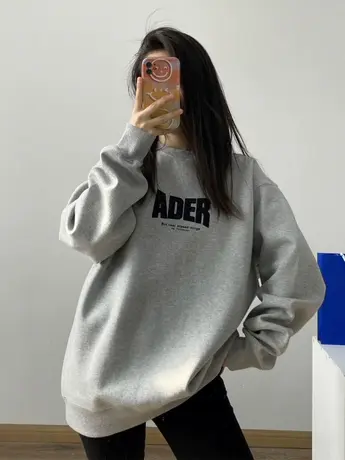 灰色卫衣女秋冬2023新款oversize圆领美式复古加绒加厚中长款上衣商品大图