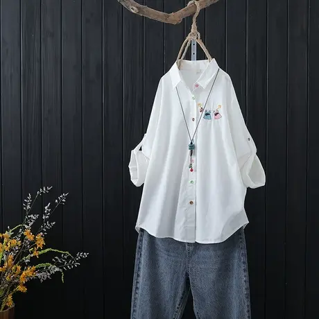 秋季新款彩扣刺绣衬衣打底衫可挽袖上衣女长袖纯棉白色衬衫春秋款图片