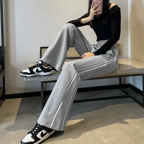 灰色阔腿运动裤女春秋新款高腰垂感直筒宽松显瘦ins百搭休闲裤潮商品大图
