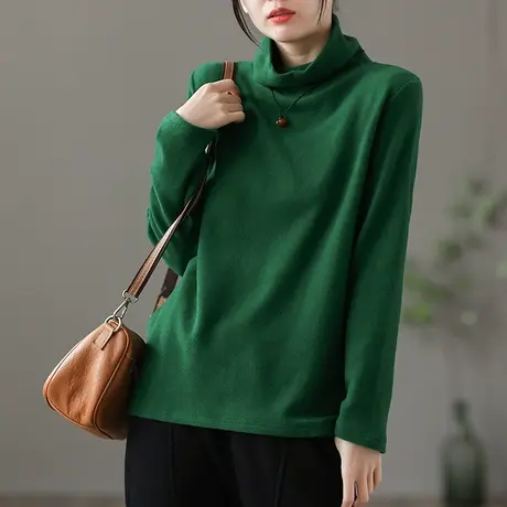 dza纯色全棉宽松长袖t恤女士秋冬内搭高领上衣短款休闲打底衫体恤商品大图