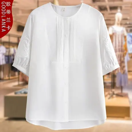 加肥加大码中年妈妈夏装薄款五分袖上衣宽松洋气褶皱刺绣短袖衬衫商品大图