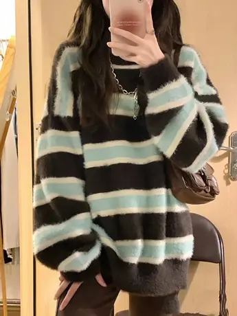 条纹毛衣女2022秋冬季加厚宽松套头设计感小众上衣慵懒风针织外套商品大图