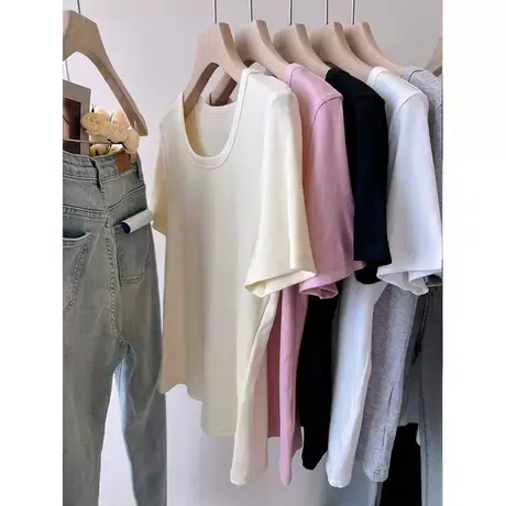 韩国one人手B备 版型绝绝子 方领露锁骨螺纹棉百搭弹力短袖T恤女商品大图