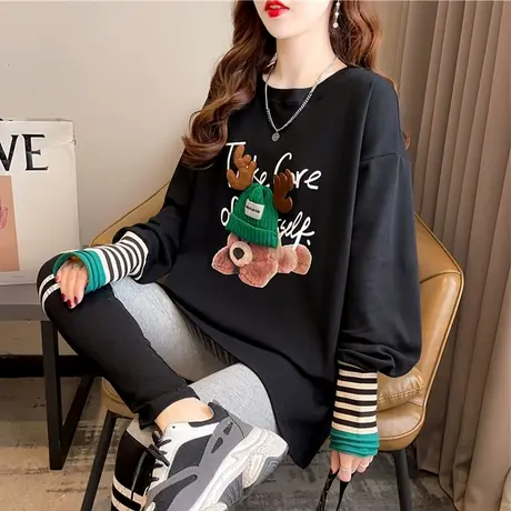 设计感小众长袖t恤女秋冬韩版宽松加绒加厚中长款内搭保暖打底衫商品大图