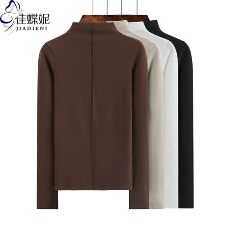 秋冬新款韩版半高领压线纯色修身纯棉长袖体恤上衣内搭打底衫女装商品大图
