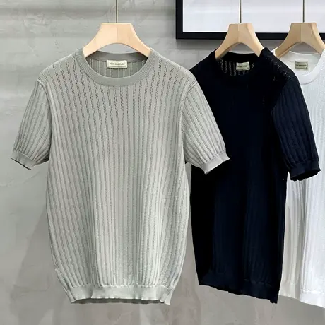 针织短袖男t恤圆领纯色修身打底衫线衣潮牌潮流男装上衣服男士t恤商品大图