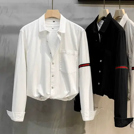 英伦风秋季韩版白色衬衫男休闲宽松外穿长袖衬衣条纹拼袖外套潮流商品大图