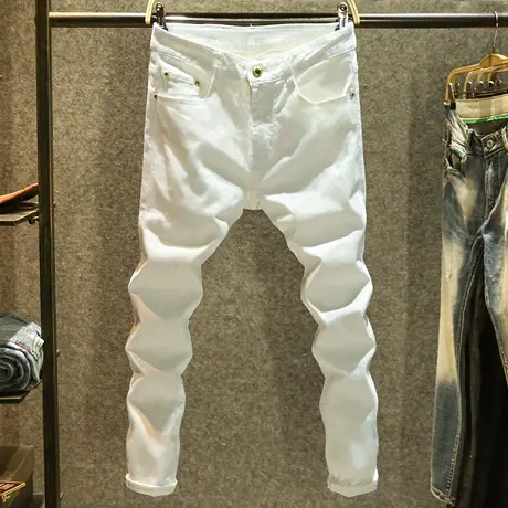 时尚潮牌白色牛仔裤男款修身小脚裤夏季薄款韩版青年弹力百搭长裤商品大图