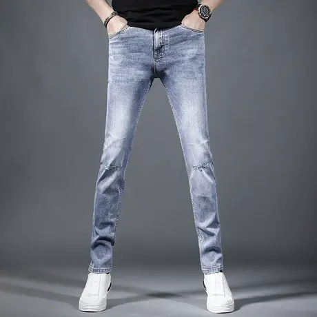 2023新款春夏浅蓝色牛仔裤男款破洞修身小脚潮流休闲男士裤子长裤商品大图