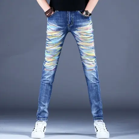 高档品牌秋款新款激光印花牛仔裤男款修身小脚裤子男2023潮牌弹力图片