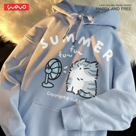 悦游「吹风美短&柯基」趣味奶蓝色潮牌宽松连帽套头印花卫衣男图片