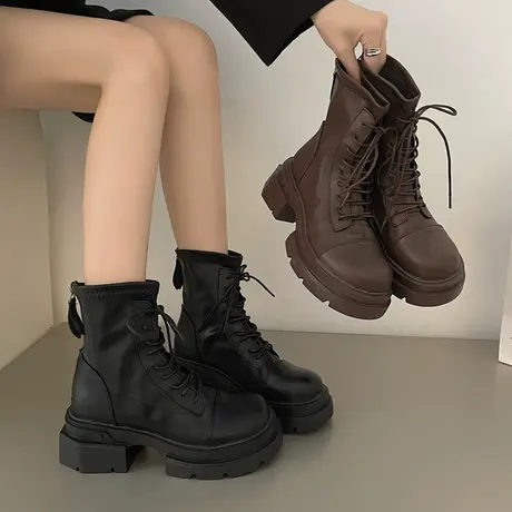 网红超火棕色厚底马丁靴女2023新款秋冬英伦风复古爆款西部牛仔靴商品大图