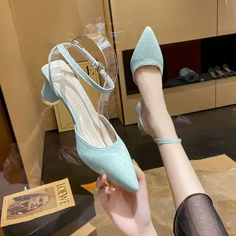 百搭黑色包头凉鞋女气质尖头2023新款性感后空一字扣高跟鞋女粗跟商品大图