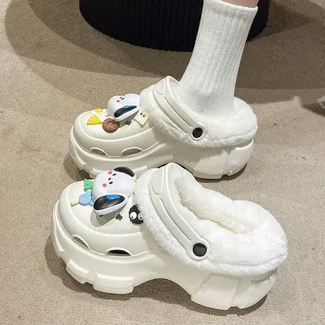 包头洞洞鞋女外穿2023秋冬新款可爱小狗厚底增高小个子毛毛棉拖鞋商品大图