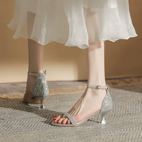 一字带凉鞋女细跟2023年夏季新款性感高跟鞋性感百搭水晶露趾单鞋商品大图