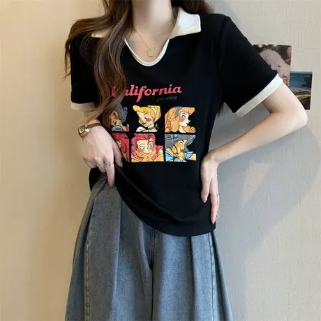 大码夏装女胖mm韩版显瘦洋气遮肉短袖T恤小众炸街正肩上衣女200斤商品大图