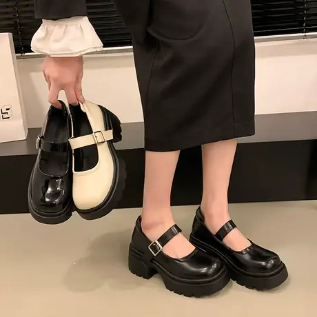 厚底玛丽珍鞋女2024春秋季新款时尚百搭高跟鞋复古粗跟浅口小皮鞋商品大图