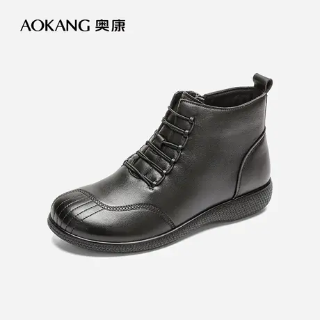 【门店发货】奥康女鞋 2022冬季新款真皮短靴加绒舒适平底妈妈鞋图片