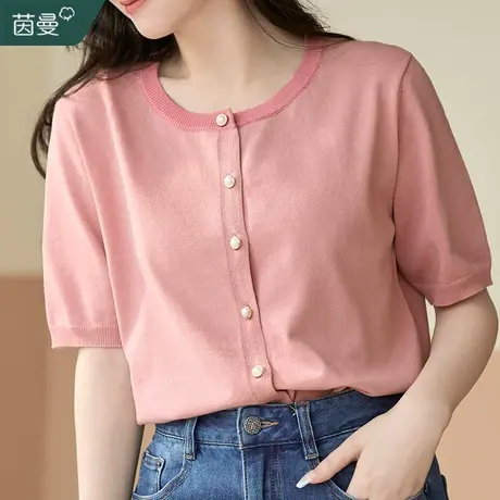 茵曼旗舰店法式复古气质针织开衫T恤女2023夏季新款圆领短袖上衣图片