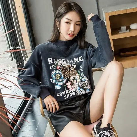 双面绒卫衣女2022秋冬新款韩版加绒加厚半高领宽松套头金丝绒上衣图片