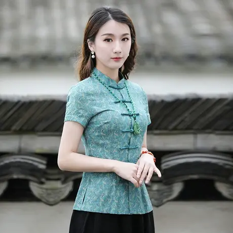 筠雅唐装女夏旗袍式上衣短袖复古时尚中国风茶服修身显瘦中式女装图片