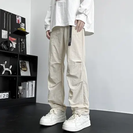 日系休闲裤男士夏季轻薄款冰丝直筒长裤美式设计感简约阔腿裤子男商品大图