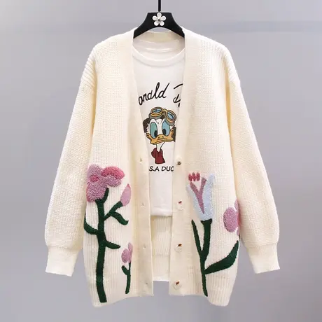 白色刺绣花朵毛衣外套女秋冬2023新款复古慵懒风宽松减龄针织开衫商品大图