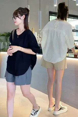 夏季时尚设计感纯色短袖衬衫上衣女2023新款洋气减龄气质宽松衬衣商品大图