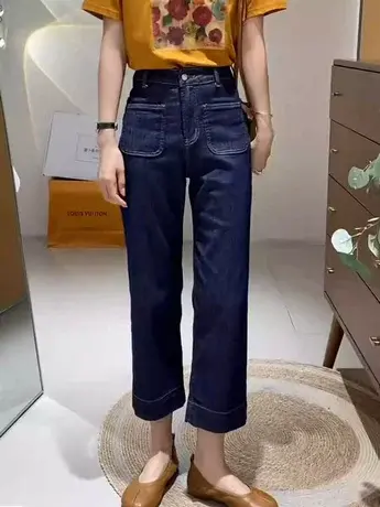 深蓝色九分直筒牛仔裤女秋季薄款2023新款爆款高腰宽松显瘦阔腿裤商品大图