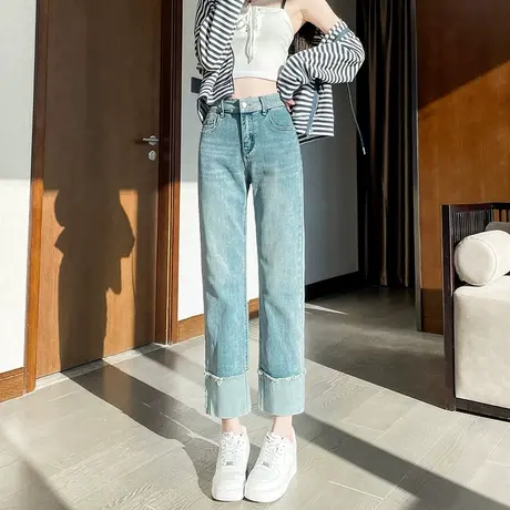 浅色直筒牛仔裤女2023年新款高腰宽松显瘦小众撞色翻边九分烟管裤商品大图