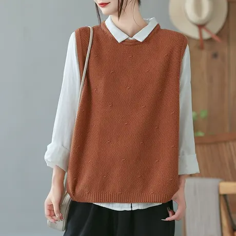 dza 复古棉线针织马甲女士春秋内搭背心上衣宽松短款休闲毛衣马夹商品大图