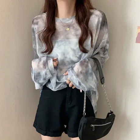 防晒衣女夏季薄款长袖t恤女扎染印花网纱打底衫内搭冰丝上衣罩衫图片