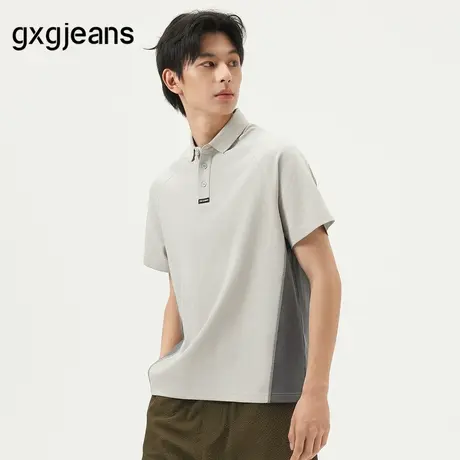 gxg.jeans男装 卡其色撞色拼接运动风宽松短袖polo衫 25年夏新品图片