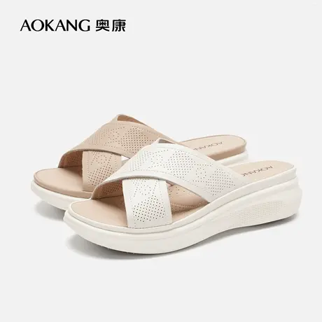 【门店发货】奥康女鞋 新款真皮厚底露趾时尚休闲女拖鞋商品大图