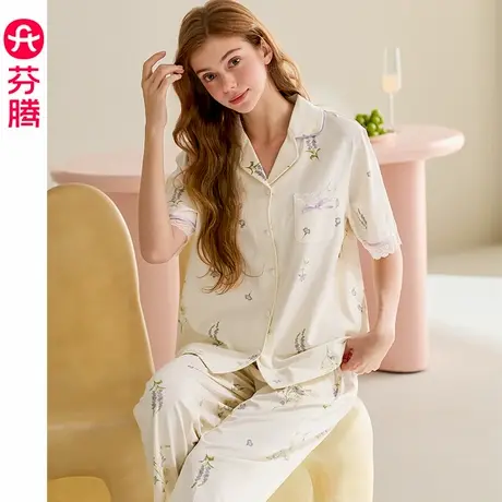 芬腾新款女睡衣夏季薄款纯棉短袖长裤休闲女款大码开衫家居服套装商品大图