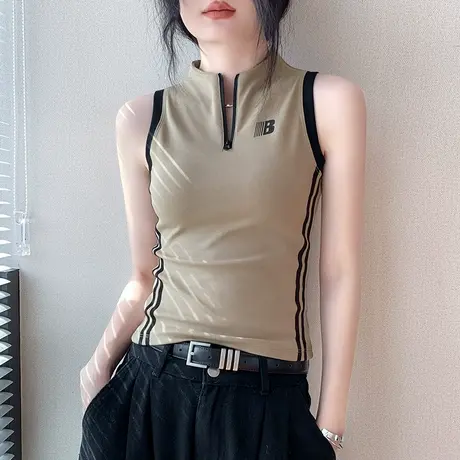 拉链立领背心女2025春夏新款修身字母内搭打底衫双色运动无袖上衣商品大图