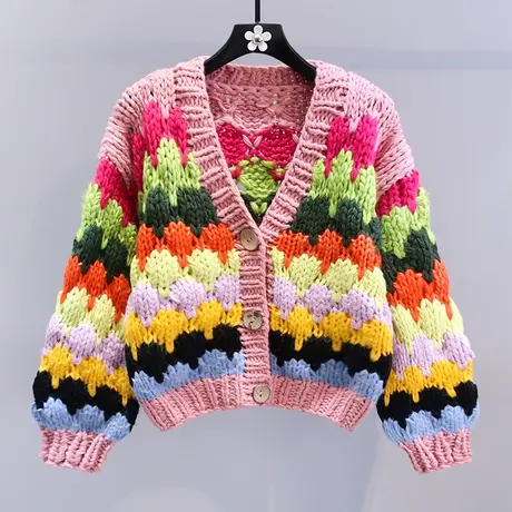 纯手工棒针粗毛线彩虹条纹毛衣外套女秋冬新款宽松加厚针织开衫图片
