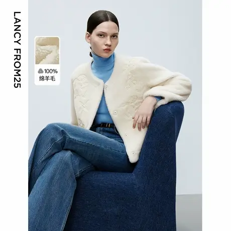 朗姿纯羊毛白色毛毛外套2024年冬季新款短款毛茸茸仿皮草大衣女款图片