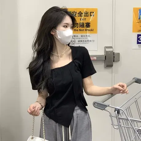 黑色方领显瘦短袖t恤女夏季修身韩版chic辣妹正肩短款不规则上衣图片