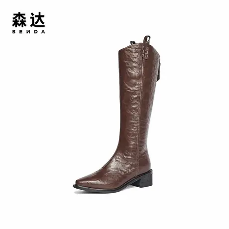 森达骑士靴女款冬复古潮流尖头粗跟过膝长筒靴ZTE64DG4图片