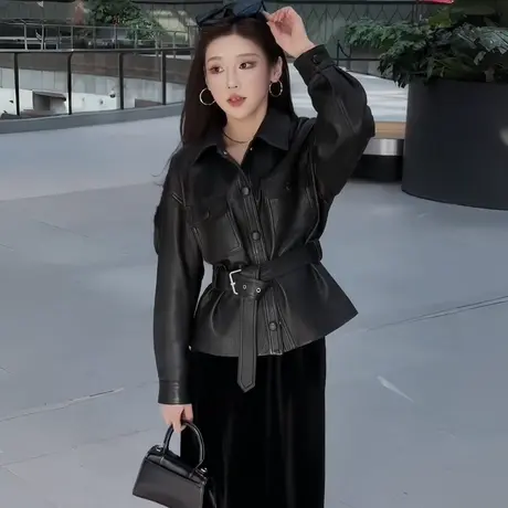 拉夏贝尔高级感系带收腰皮衣女秋季2505新款气质翻领皮外套款上衣图片