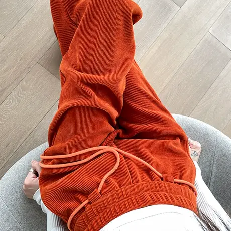 欧棉绒高腰抽绳阔腿裤女秋冬新款灯芯绒裤子南瓜色休闲直筒拖地裤图片