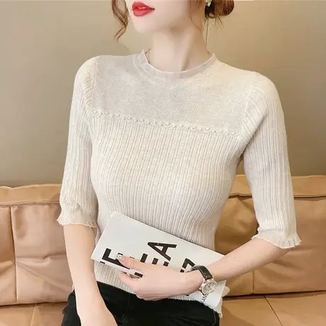 气质钉珠蕾丝圆领针织衫女套头春装2023修身显瘦中袖打底衫上衣薄商品大图