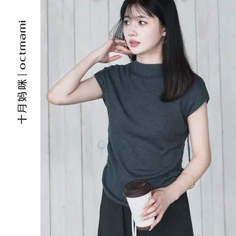十月妈咪孕妇腰侧抽绳针织短袖上衣2025新款秋季外穿圆领孕妇秋装商品大图