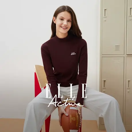 【团】ELLE Active百搭纯色半高领T恤女2025秋季新款亲肤打底衫图片