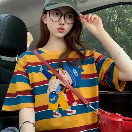 美式条纹卡通短袖t恤女2025新款夏季正肩宽松复古设计感撞色上衣图片