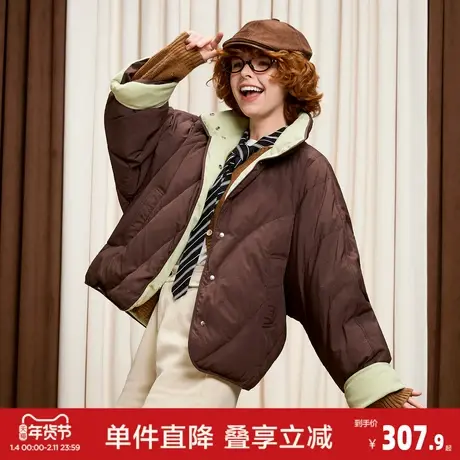 唐狮2026冬季新款短款羽绒服女撞色灯芯绒拼接蝙蝠袖立领防寒保暖图片