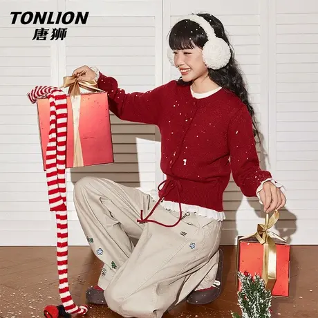 唐狮红色荷叶边针织开衫女2026新款秋冬季爆款宽松本命年毛衣VB商品大图